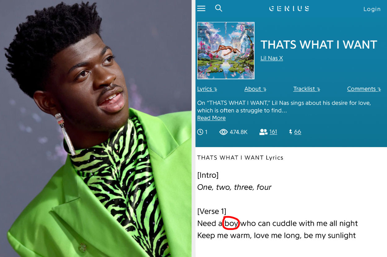 Lil Nas X next to his lyrics for that&#x27;s what i want with the word &quot;boy&quot; circled