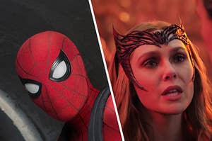 A close up of Peter Parker wearing his Spider-Man mask and Wanda Maximoff wears a crown