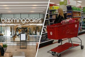 The sign for Bloomingdale's and a woman stands in front of a Target shopping cart