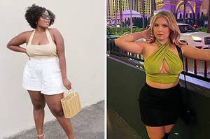 left: reviewer wearing beige sweater halter top. right: reviewer wearing crisscross green halter top out in Vegas.