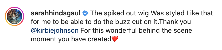 &quot;The spiked out wig Was styled Like that for me to be able to do the buzz cut on it.Thank you @kirbiejohnson For this wonderful behind the scene moment you have created❤️&quot;