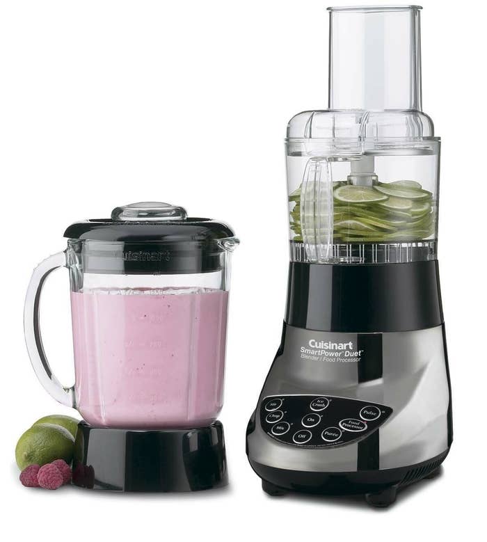 cuisinart base with a food processor attachment on top next to a bender attachment