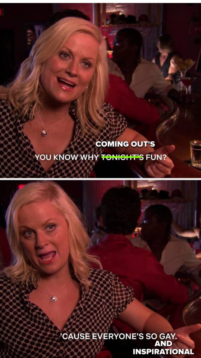 Leslie Knope from a &quot;Parks &amp;amp; Rec&quot; meme reimagined to say: &quot;You know why tonight&#x27;s so fun? &#x27;Cause everyone&#x27;s so gay and inspirational&quot;