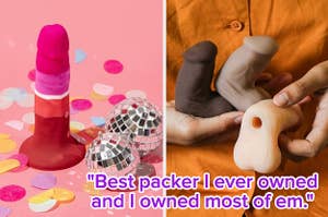 Pink stripe dildo next to disco balls and model holding realistic packer strokers