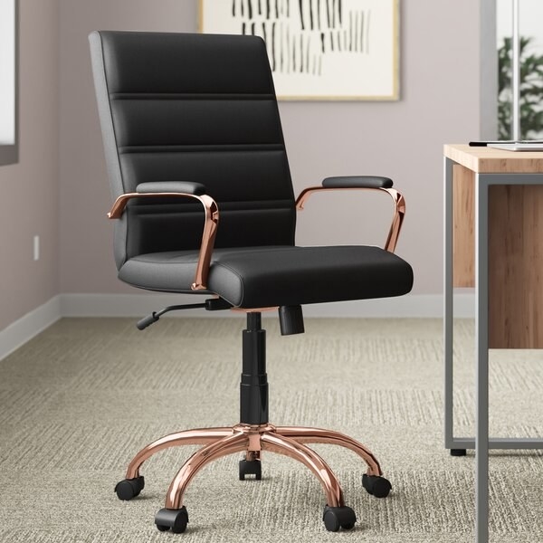 black faux leather rolling office chair with rose gold frame