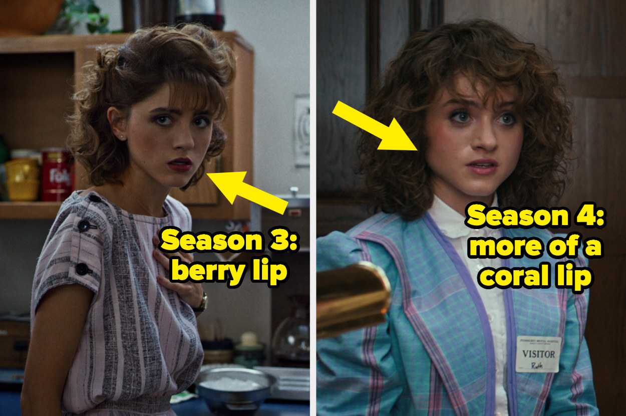 A side-by-side photo of Nancy from Season 3 vs. Season 4, pointing out her lighter lip color this season