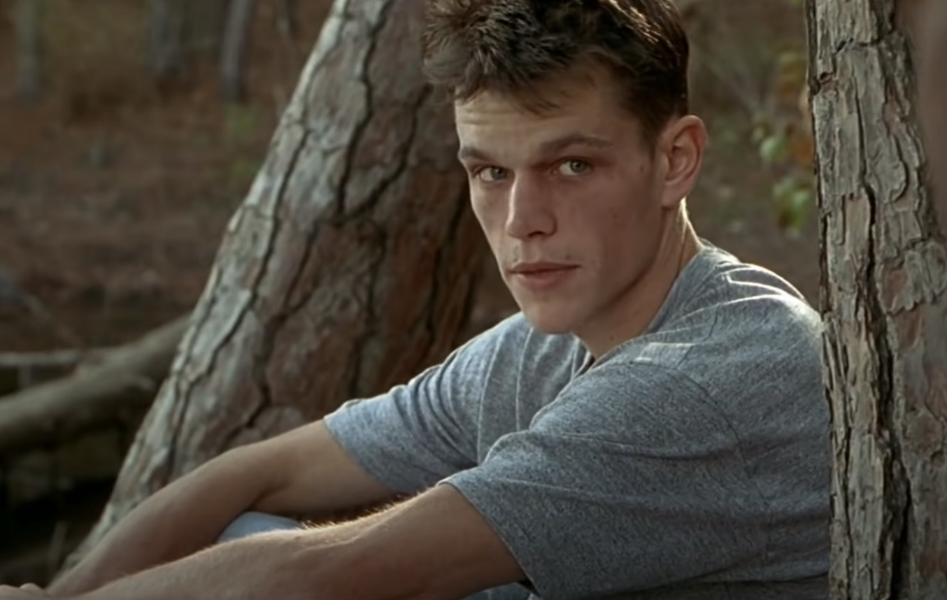 A photo of Matt Damon in the movie, when he looks very thin with a sunken face