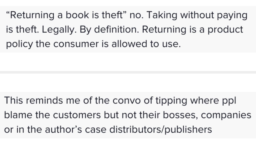 Two TikTok comments; one saying returning a book is not the same as theft, and the other saying this reminds them of people blaming customers for lack of tips