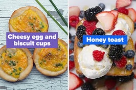 a side by side photo of cheesy egg and biscuit cups and honey toast 