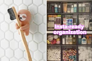 sloth toothbrush holder, clear stackable bins "Insta-ready organization"