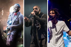 Images of Kendrick Lamar, Drake, and J. Cole performing 
