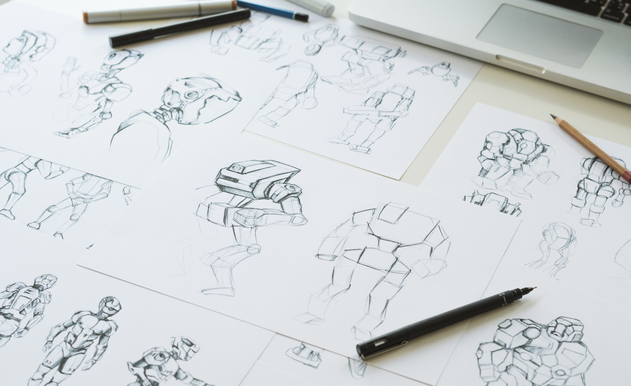 Half-finished animated sketches on a table