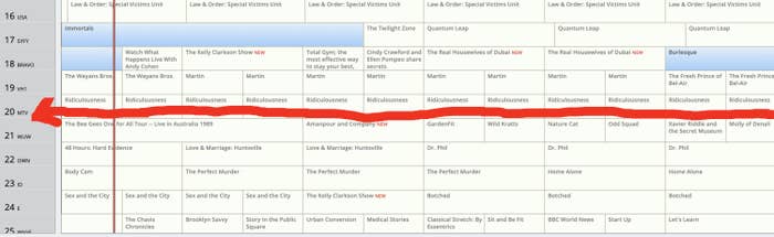 A screenshot of the TV guide, which shows Ridiculousness airing for several hours on end