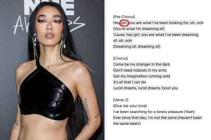 Rina Sawayama next to her lyrics for Lucid with the word &quot;girl&quot; circled