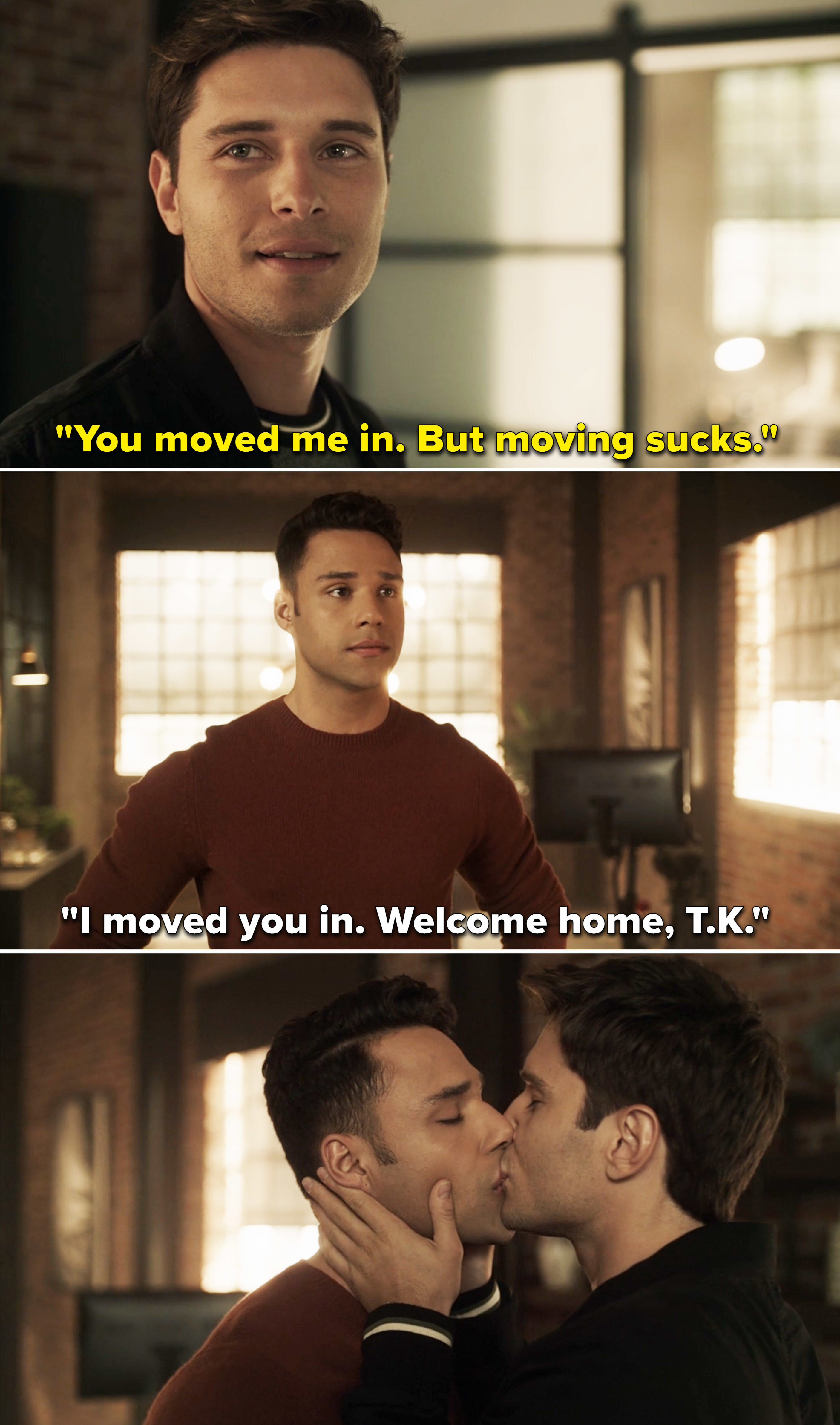Carlos says welcome home to TK, and then they kiss
