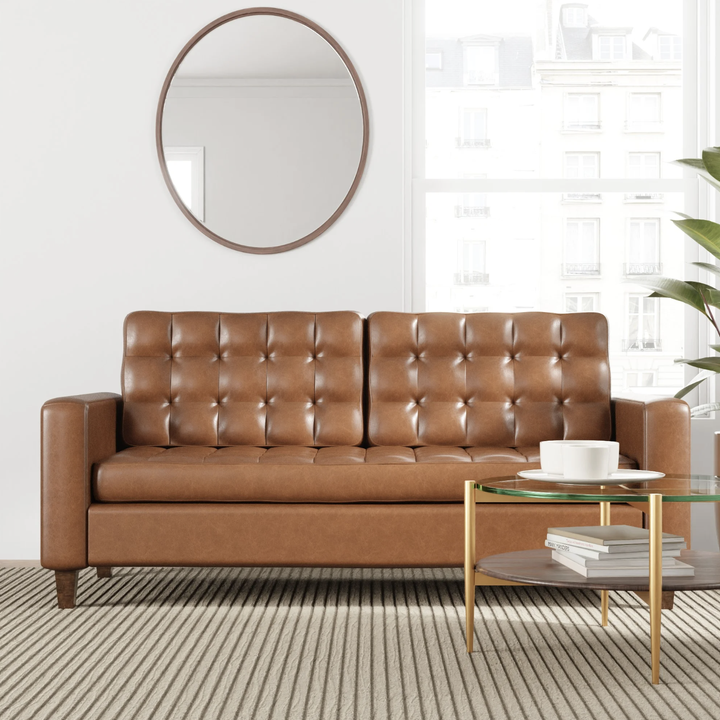 The vegan leather sofa in a modern living room