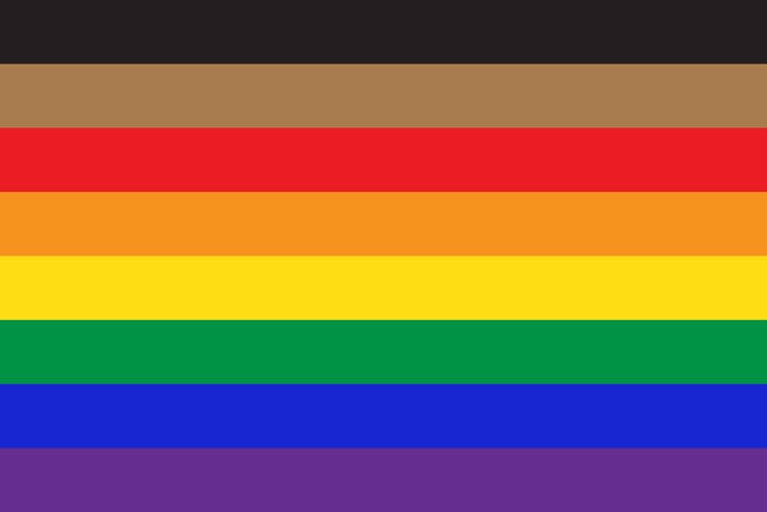 Philadelphia Pride Flag with six coloured stripes and an extra black and brown stripe