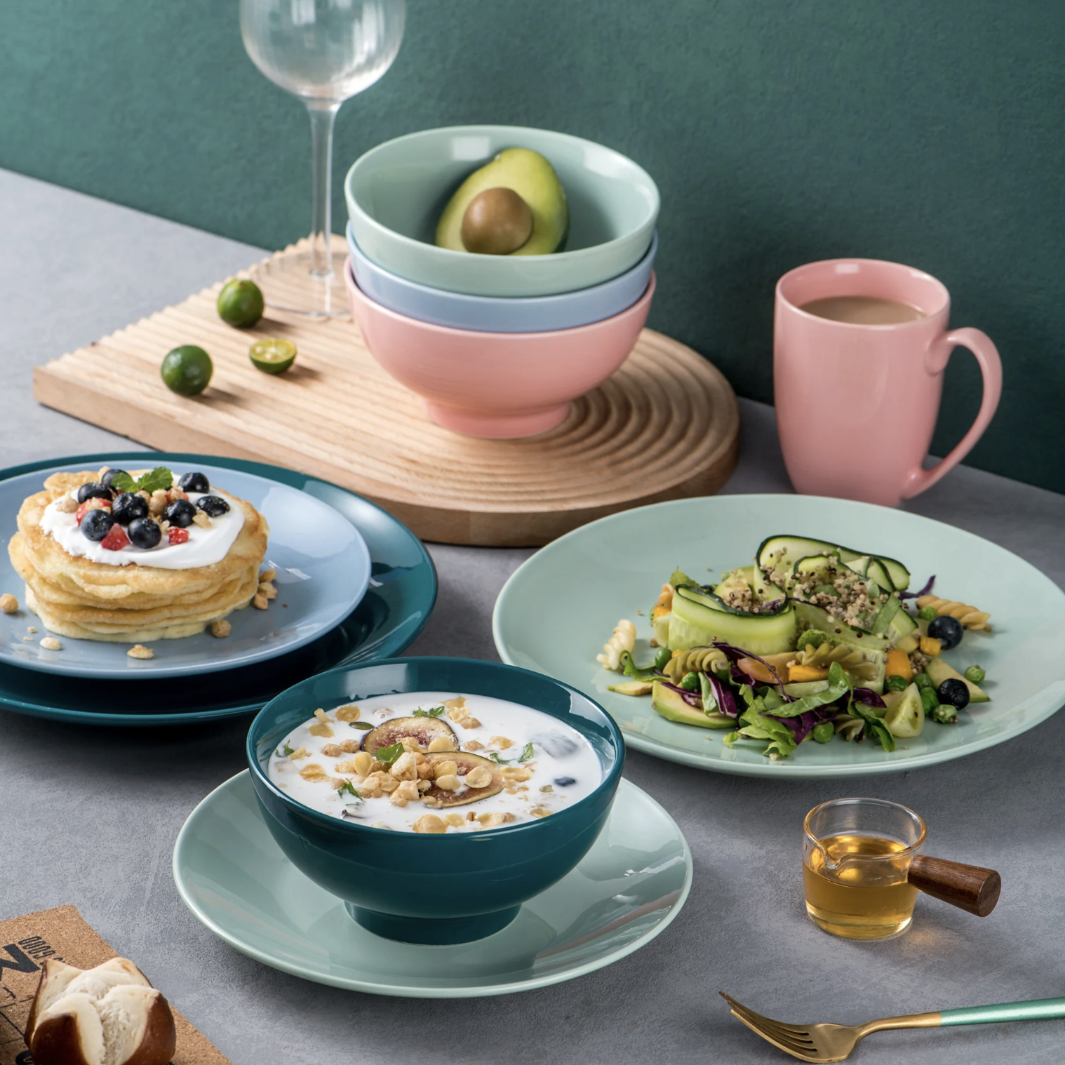 The dinnerware set being used for several dishes