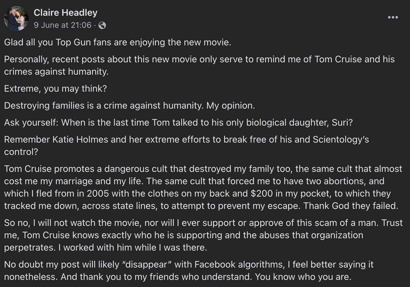 the FB post saying that Tom Cruise is part of an abusive cult