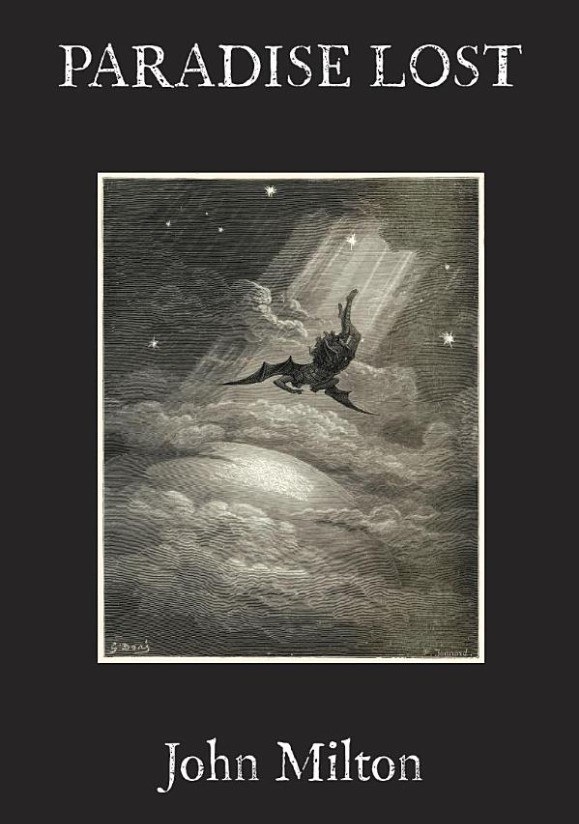 The cover of the book Paradise Lost, which is black with a grey and white sketch of what looks like a winged creature falling from the sky