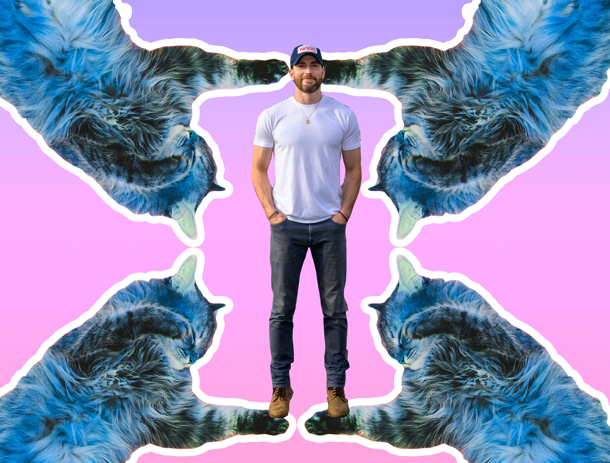 chris photoshopped with large cats as the background