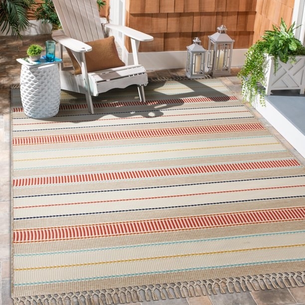 multicolored version of rug on patio with furniture