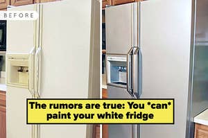 white fridge, then the same fridge painted to look stainless steel