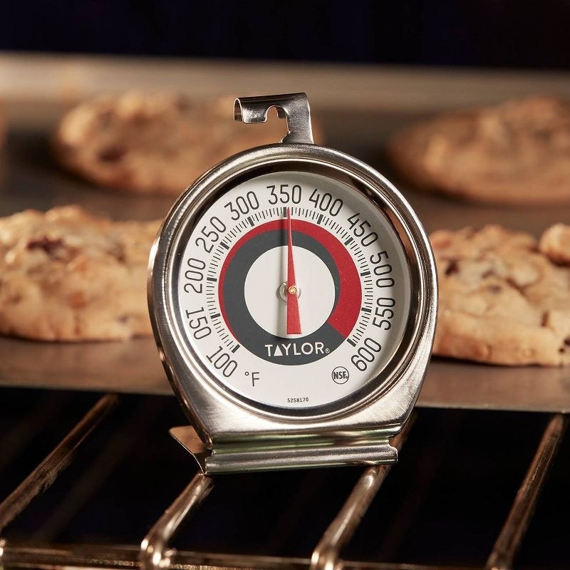 A closeup of the thermometer in an oven
