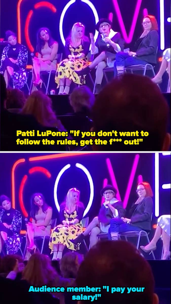 Patti LuPone tells an audience member to wear her mask, and the audience member says that she pays her salary