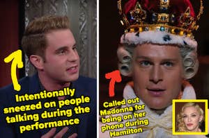 Left: Ben Platt speaks on "The Late Show with Stephen Colbert" Right Jonathan Groff performs as King George in "Hamilton"