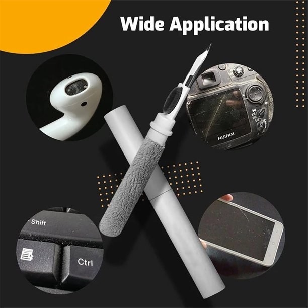 The brush with wide application kit shown next to airpod earbud, keyboard, camera and smartphone