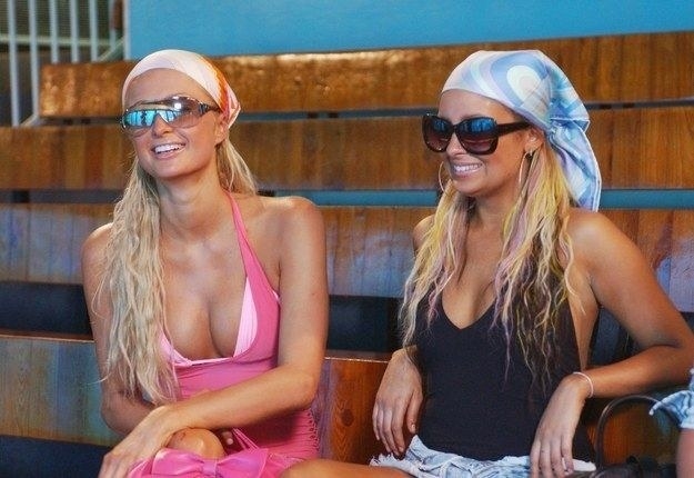 paris and nicole in the simple life  wearing sunglasses and co-ordinating bandanas