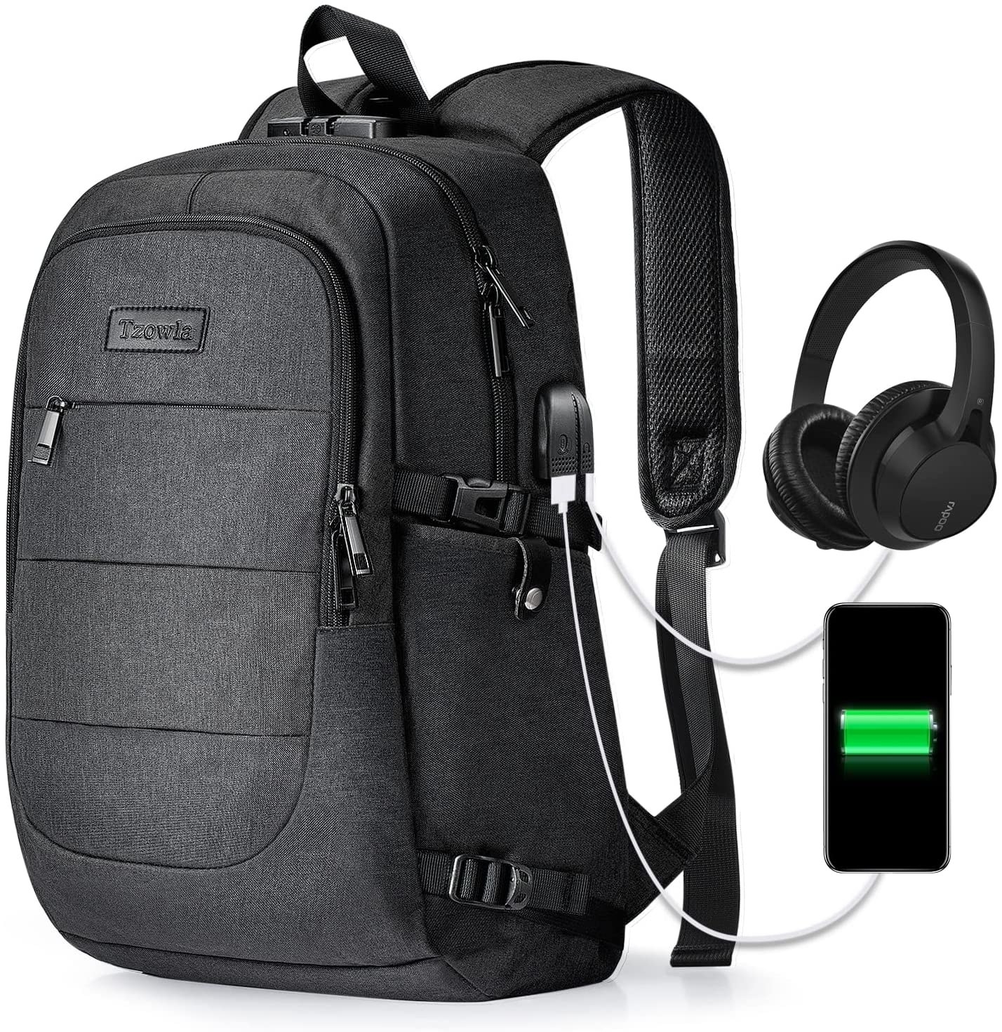 The backpack with a phone and headphones plugged in against a plain background