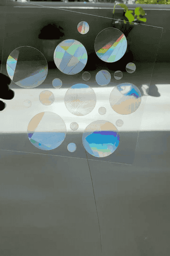 a gif of a sheet of the circle stickers being put in the sun and rainbows streaming through