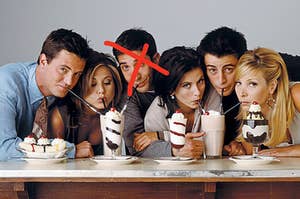 the cast of friends with ross's face crossed out
