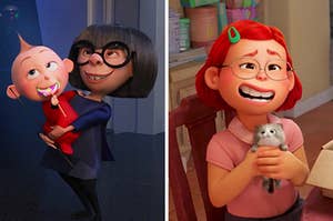 On the left, Edna Mode holding baby Jack-Jack who's sucking on a lollipop in Incredibles 2, and on the right, Mei from Turning Red smiling awkwardly while holding a kitten
