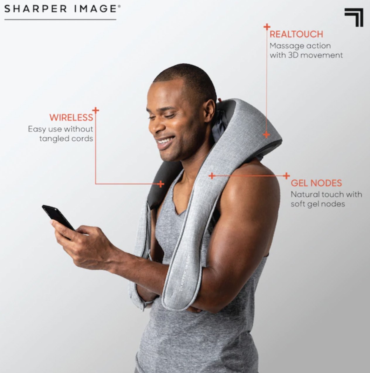 Model with the wrap draped over his shoulders. Features highlighted include realtouch massage action with 3D movement, wireless capability and natural touch with soft gel nodes
