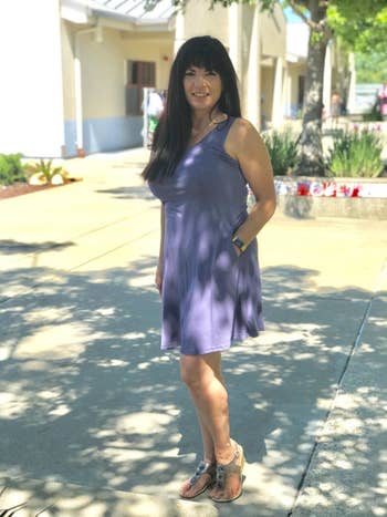 A customer review pic of the T-shirt dress in purple-gray