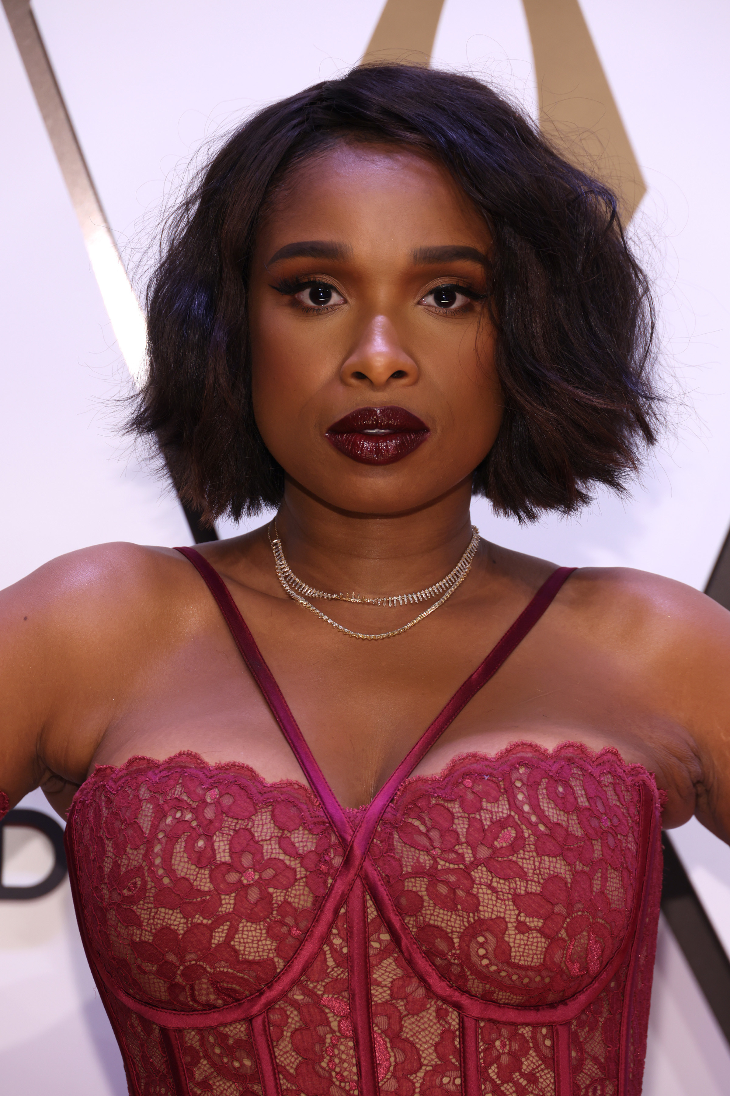 Close-up of JHud in a lacy bodice top