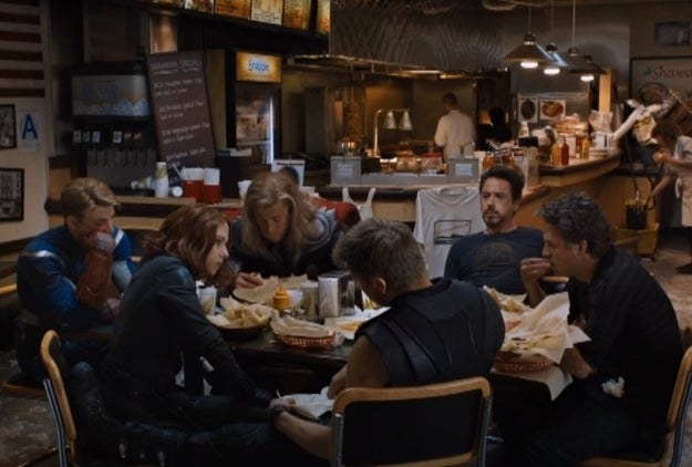 &quot;The Avengers&quot; characters sit and eat at a shawarma restaurant