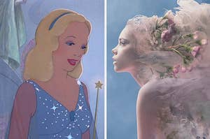 the blue fairy from pinocchio on the left and an earth fair on the right