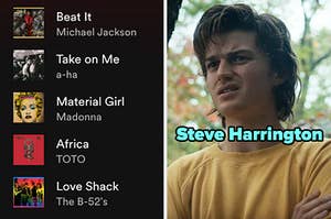 在左边,Spotify播放列表完整的80年代的歌曲,在右边,史蒂夫从陌生人的东西