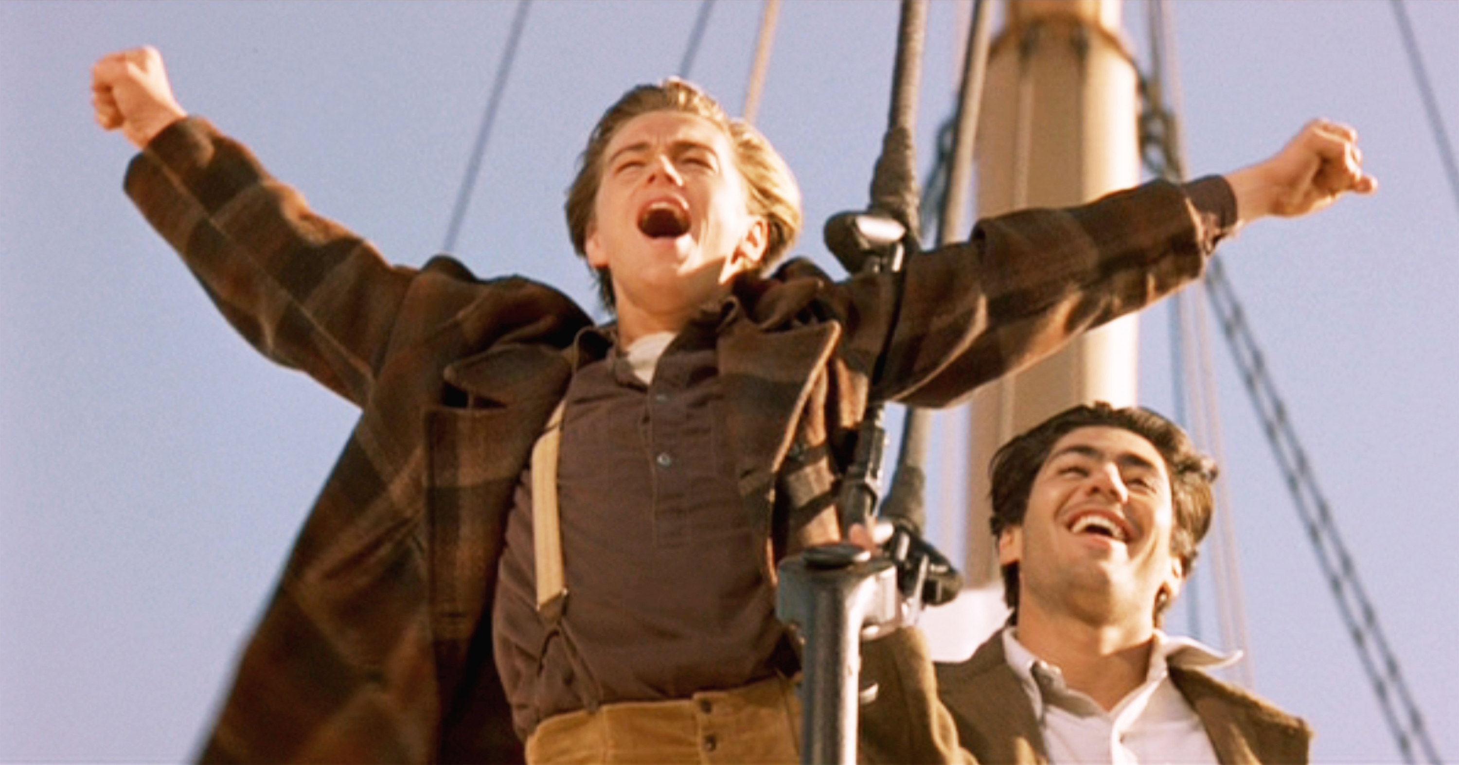 Leonardo DiCaprio as Jack and Danny Nucci as Fabrizio are pictured during the &quot;I&#x27;m the king of the world!&quot; scene from &quot;Titanic&quot;