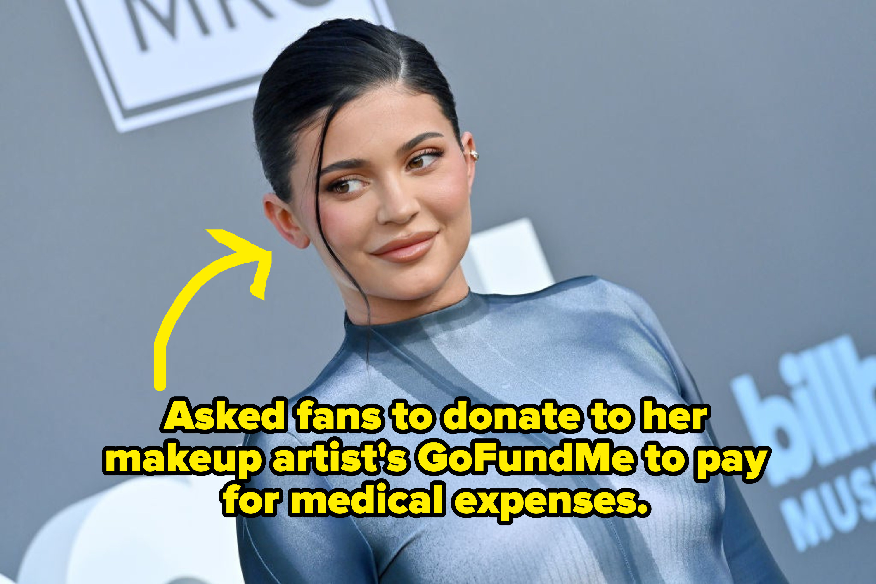 Kylie Jenner with an arrow saying &quot;asked fans to donate to her makeup artist&#x27;s GoFundMe to pay for medical expenses&quot;