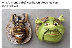Donkey and Shrek made out of avocado toast and mushroom toast
