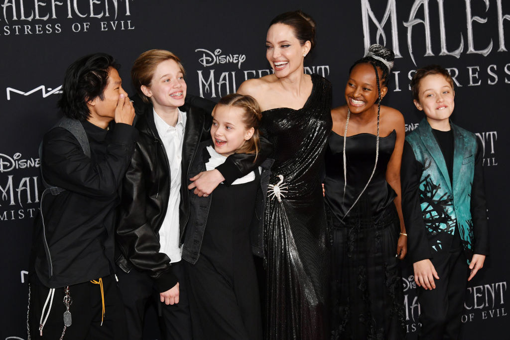 Pax Thien Jolie-Pitt, Shiloh Nouvel Jolie-Pitt, Vivienne Marcheline Jolie-Pitt, Angelina Jolie, Zahara Marley Jolie-Pitt, and Knox Jolie-Pitt attend the world premiere of Disney&#x27;s Maleficent