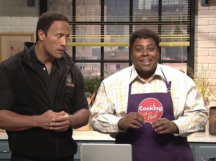 The Rock and Kenan Thompson hosting a cooking segment