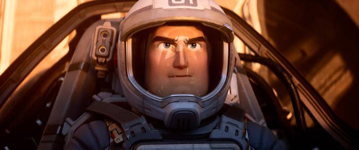 Buzz Lightyear in a spaceship in the film