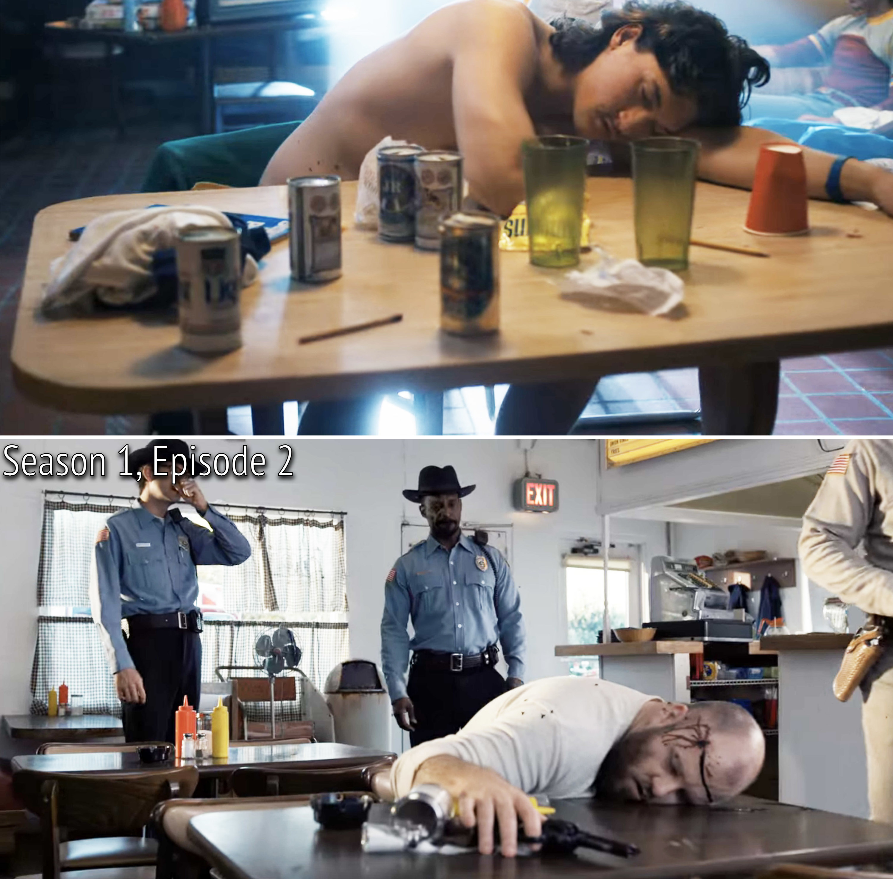 Lucas sleeping on a table; Benny dead on a table