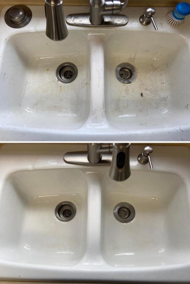 before and after of a sink cleaned with the pink stuff - the before photo shows it dirty and scratched up, while the after photo shows the porcelain looking clean and almost brand new